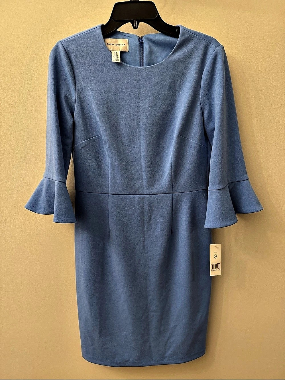 Donna Morgan 3/4 Bell Sleeve Stretch Crepe Sheath Dress Blue Size 8